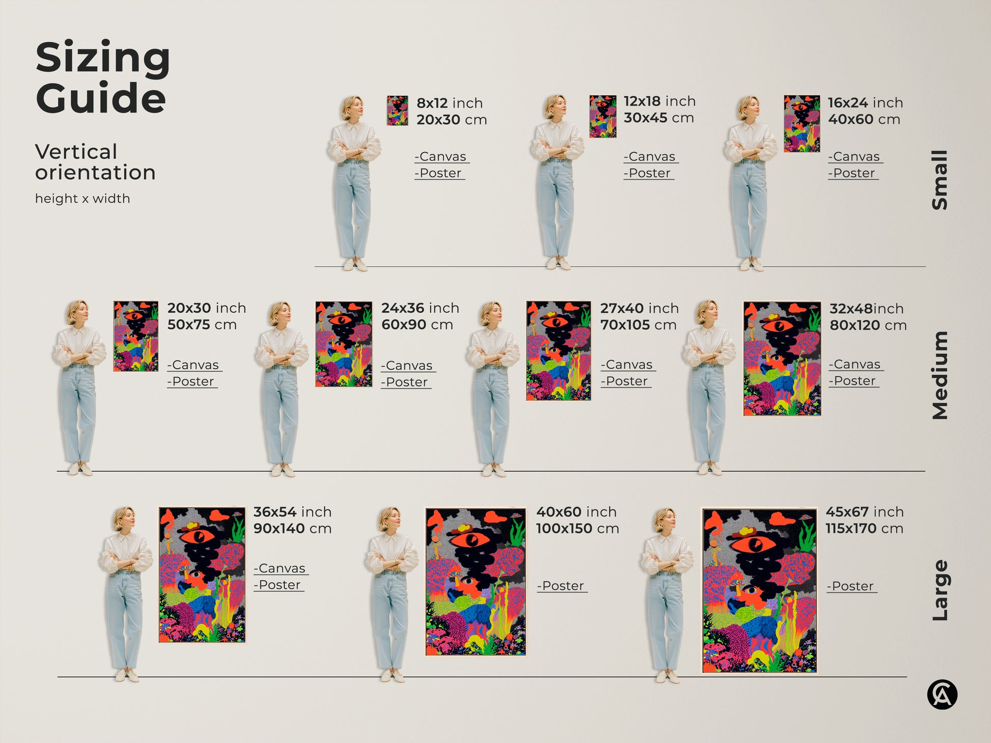 Sizing guide for vertical abstract art. See the canvas and poster sizes. Options include small medium and large sizes. Find the perfect fit for your neon pink and orange wall decor.