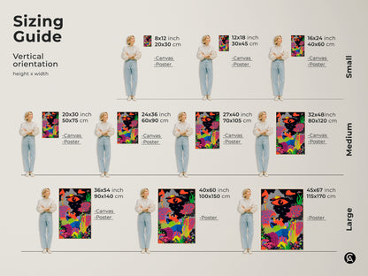 Sizing guide for vertical abstract art. See the canvas and poster sizes. Options include small medium and large sizes. Find the perfect fit for your neon pink and orange wall decor.