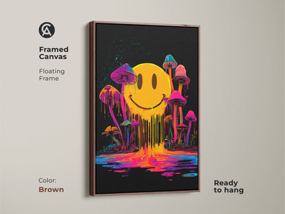 Brown framed canvas art for sale. The artwork features a melting smiley face with neon dripping colors. Mushrooms grow around the smiley face. The background is black. This floating frame canvas is ready to hang.