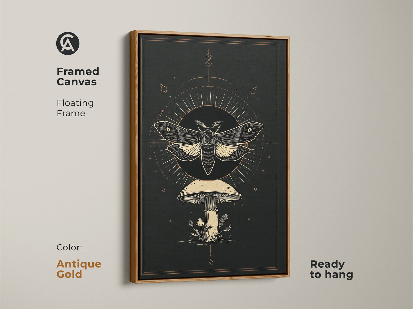 Framed canvas with a floating frame showcasing a Gothic-inspired moth and mushroom artwork. The antique gold frame enhances the esoteric home art. It features an occult mushroom decor and celestial insect art. Ready to hang this botanical moth print adds elegance.