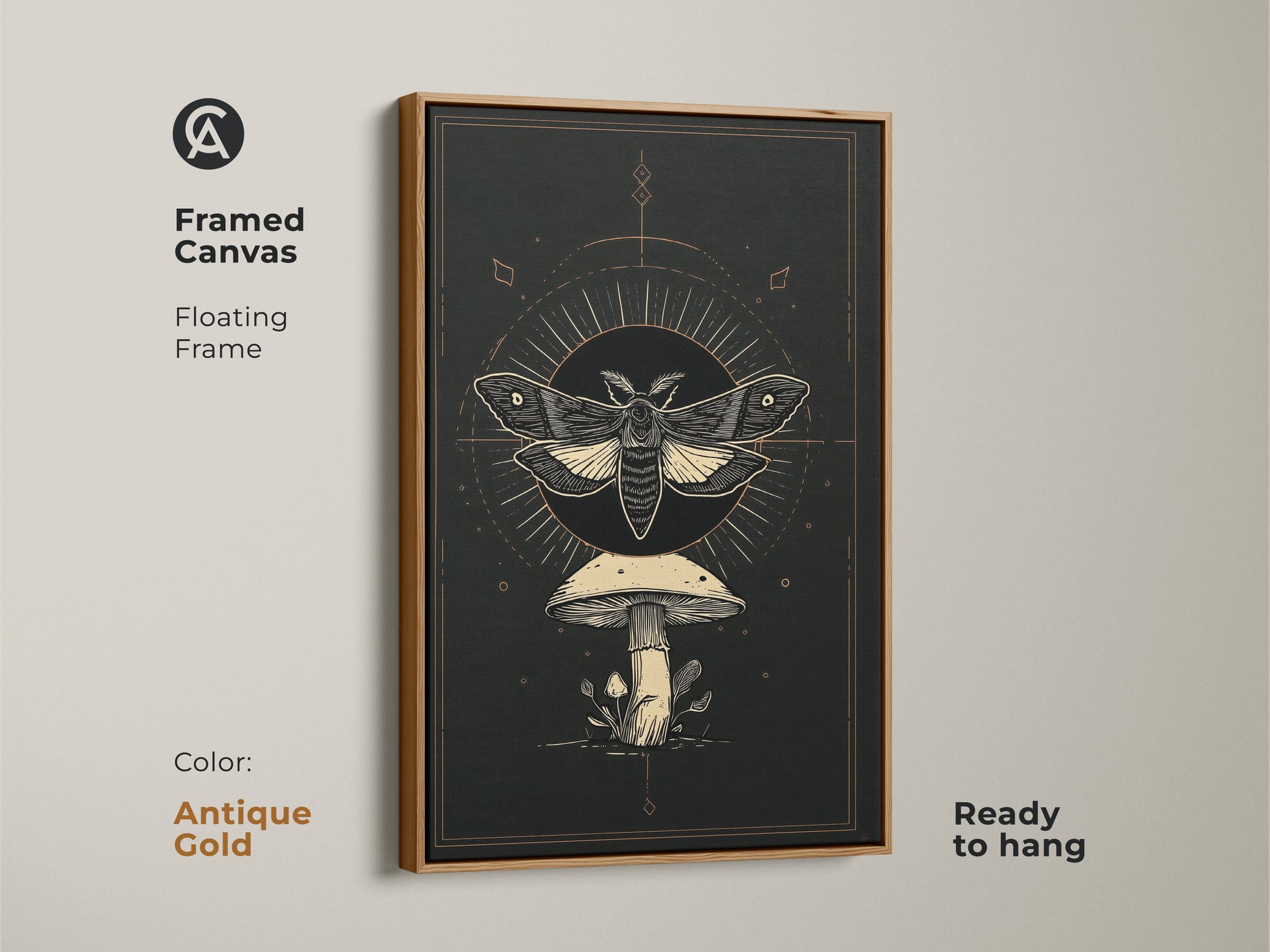 Framed canvas with a floating frame showcasing a Gothic-inspired moth and mushroom artwork. The antique gold frame enhances the esoteric home art. It features an occult mushroom decor and celestial insect art. Ready to hang this botanical moth print adds elegance.