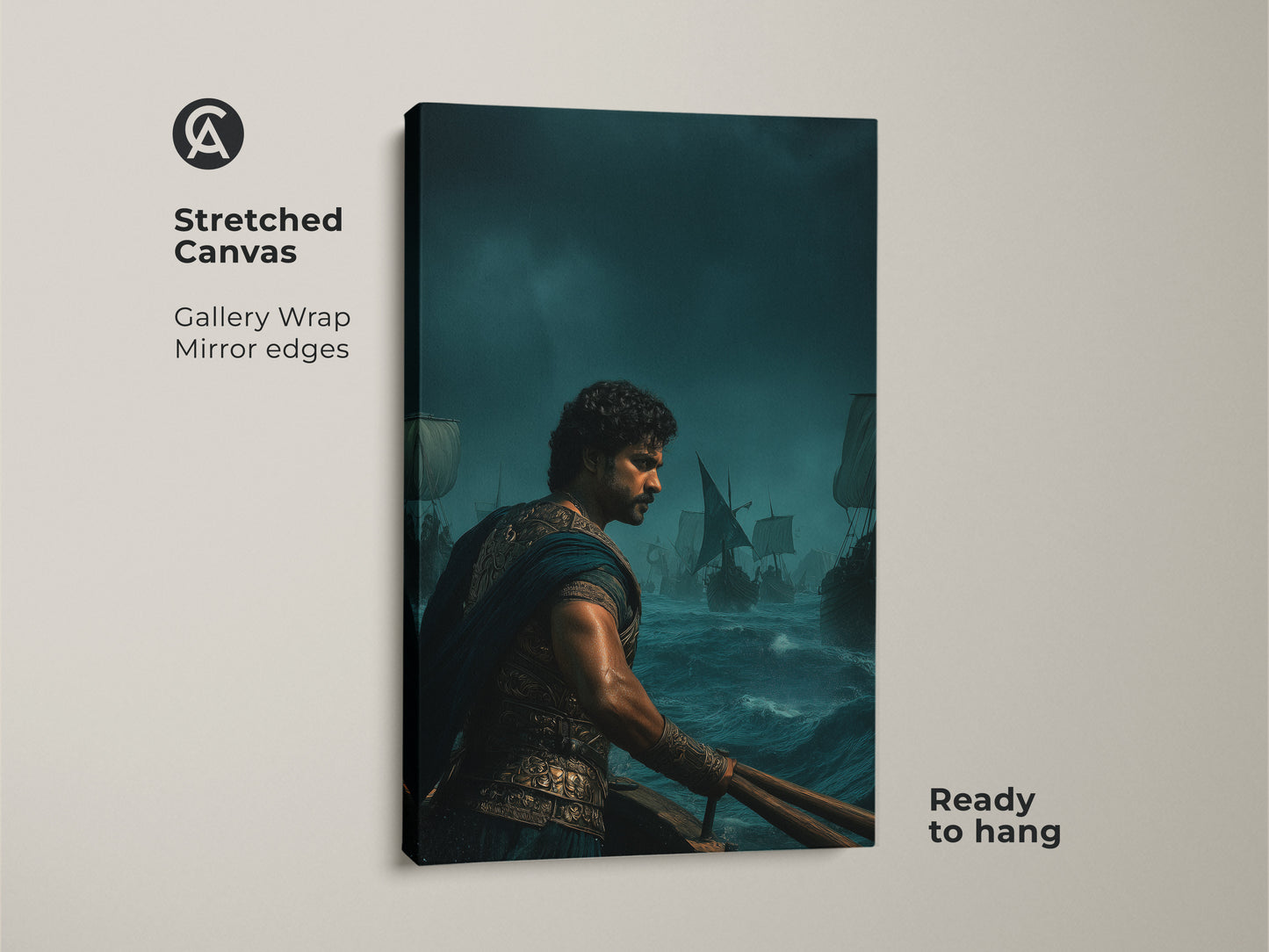 Stretched canvas art shows a warrior sailing ship print. The navy gold teal canvas art embodies epic adventure artwork. Ready to hang this is perfect study room wall decor. It is a great gift for history lovers for a man cave wall hanging. The gallery wrapped canvas features mirror edges