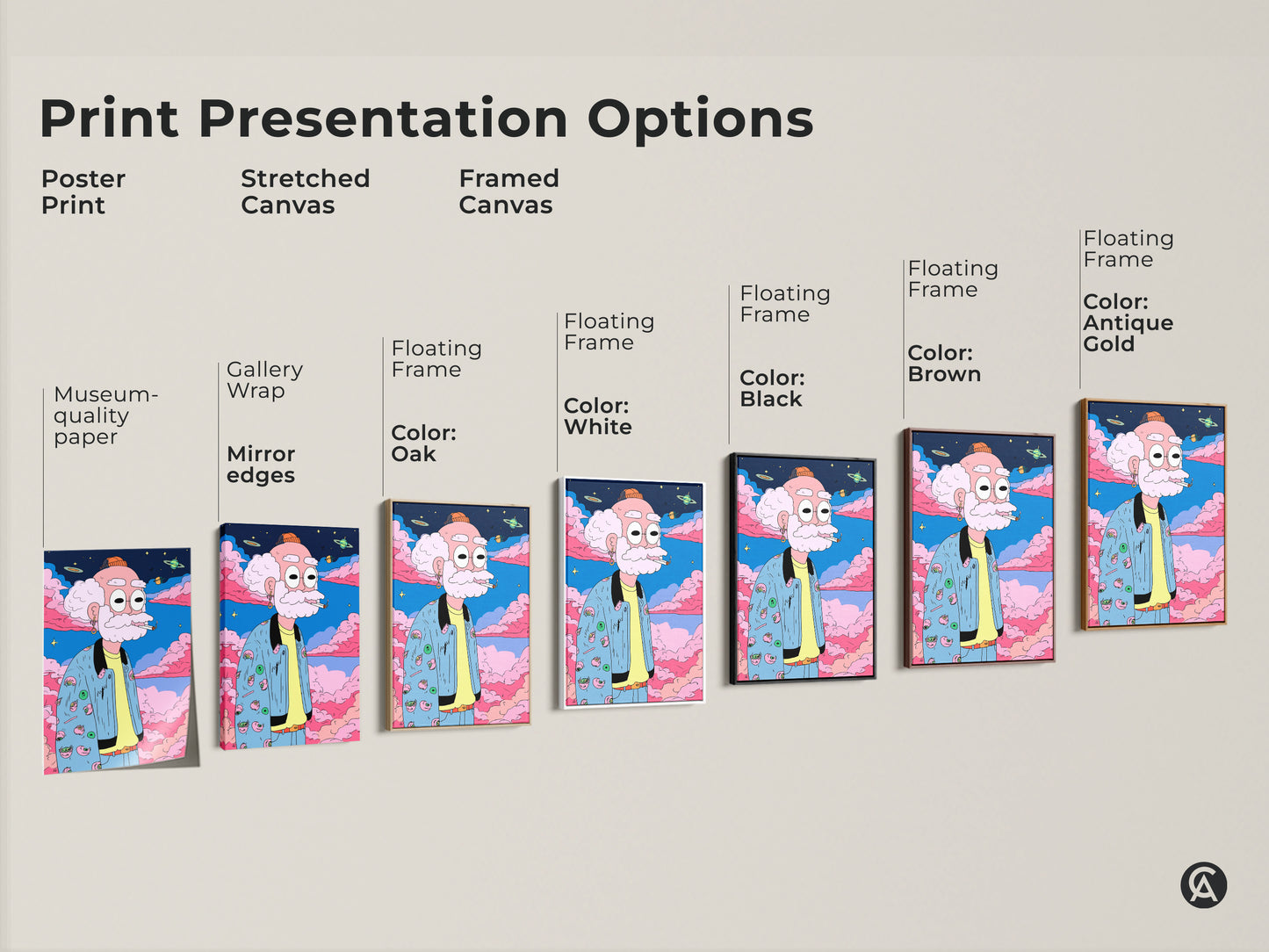 Print presentation options for a cartoon art print. Options include poster print stretched canvas and framed canvas. Floating frame color options are white black brown and antique gold. Purchase yours today.