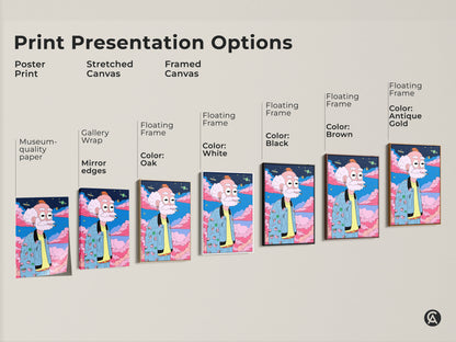 Print presentation options for a cartoon art print. Options include poster print stretched canvas and framed canvas. Floating frame color options are white black brown and antique gold. Purchase yours today.