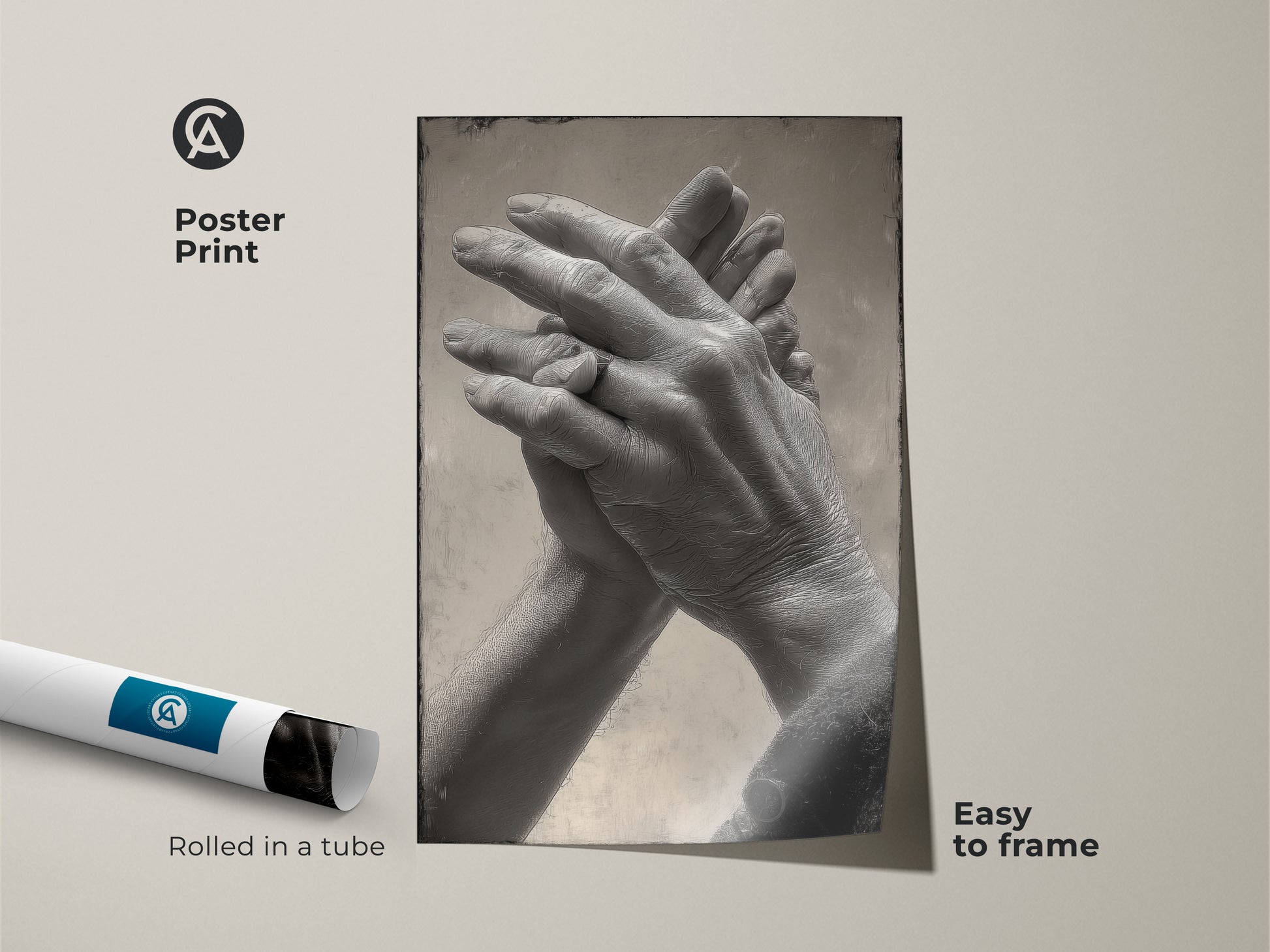 Poster Print of abstract intertwined hands art. Rolled in a tube for easy framing. Monochrome couple art that adds a human connection to any room. Perfect as minimalist living room art or a special anniversary gift.