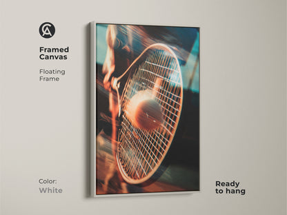 A framed canvas art print featuring a tennis racket hitting a ball. The white floating frame enhances this sports artwork. Ready to hang this piece adds a modern touch to any room.
