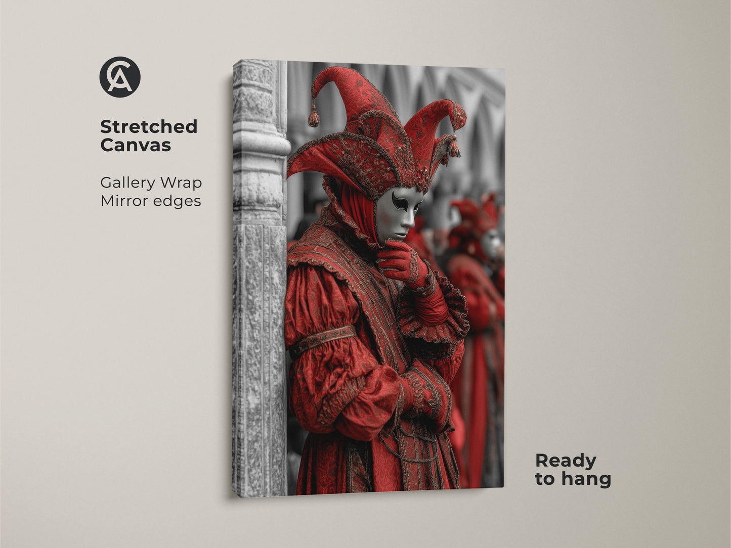 Stretched canvas art of a Venetian Carnival jester. The artwork features a striking figure in crimson red attire. It also has a silver mask set against a desaturated background. Gallery wrapped with mirrored edges. Ready to hang to enhance any room.