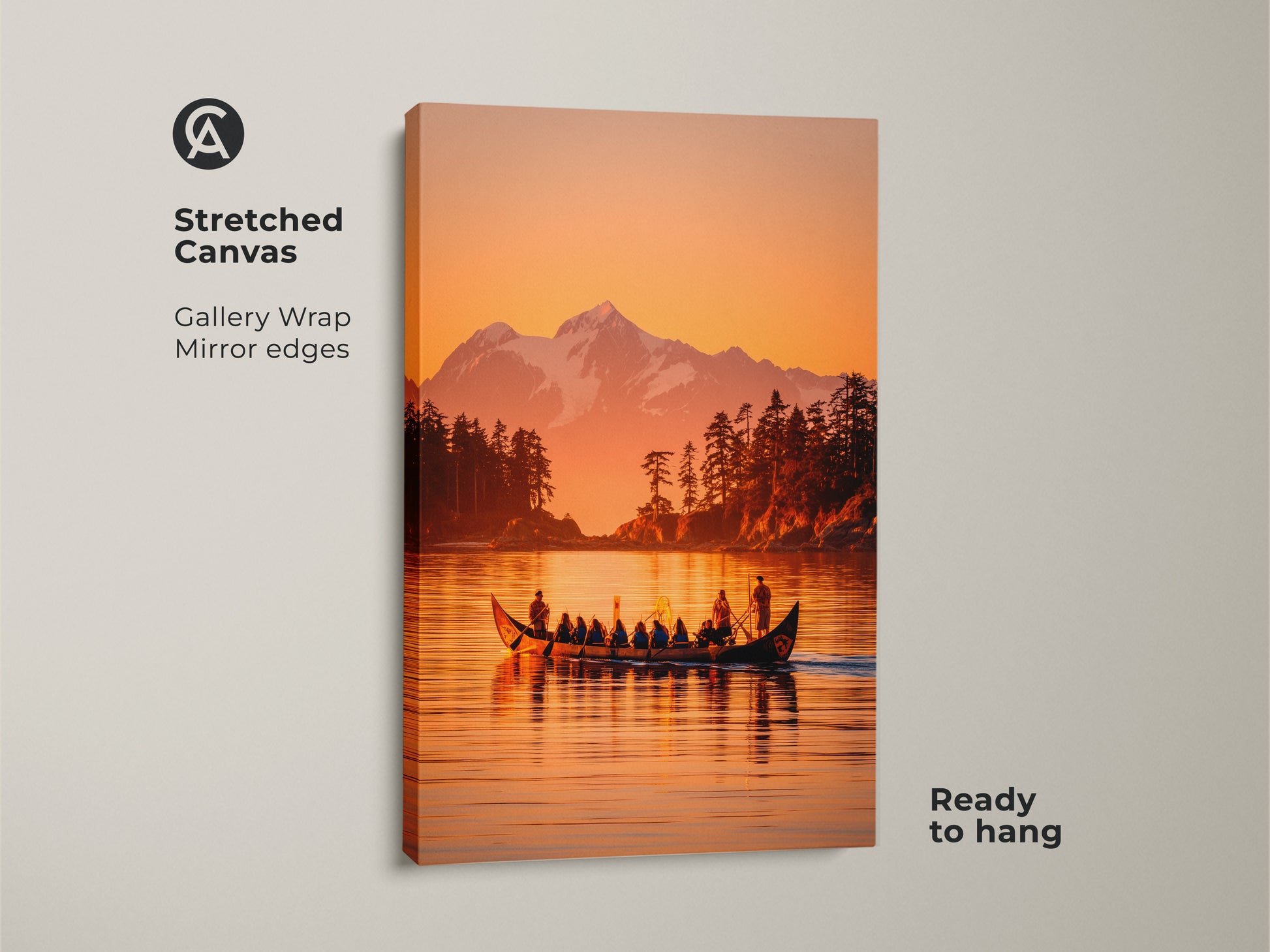 Stretched canvas artwork showcasing a serene lake with a canoe carrying people. The artwork captures a mountain backdrop and lush forest. The gallery wrap canvas has mirrored edges. This ready-to-hang wall art adds a touch of nature to any room.