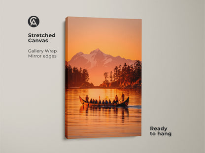 Stretched canvas artwork showcasing a serene lake with a canoe carrying people. The artwork captures a mountain backdrop and lush forest. The gallery wrap canvas has mirrored edges. This ready-to-hang wall art adds a touch of nature to any room.