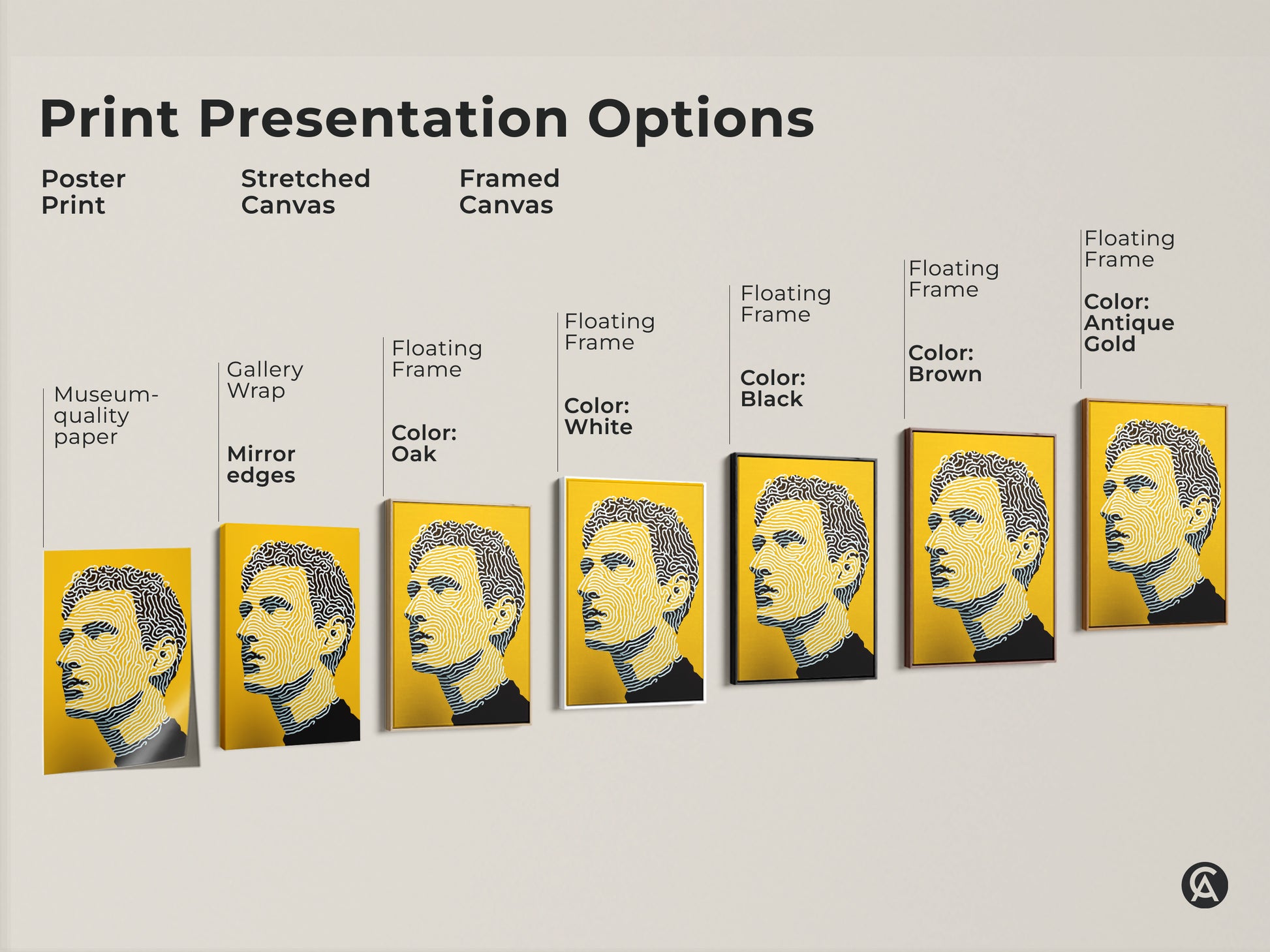 Explore presentation options for this modern portrait art print. Choose from poster prints to stretched canvas. Framed canvas options include black brown oak white and antique gold frames. Find the perfect style for your space.
