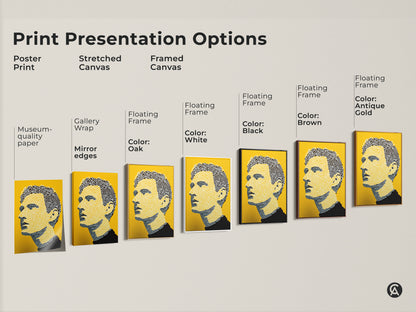 Explore presentation options for this modern portrait art print. Choose from poster prints to stretched canvas. Framed canvas options include black brown oak white and antique gold frames. Find the perfect style for your space.