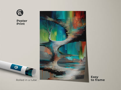 Poster print showcasing an abstract green blue teal wall art. This textured desert landscape artwork arrives rolled in a tube. Easy to frame for any eclectic bedroom decor. Modern surrealism art print.