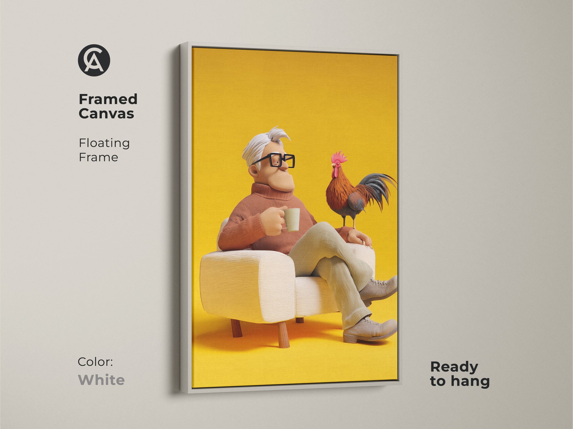 Framed canvas art featuring a man with a rooster. This floating frame is finished in white. The eclectic character art is perfect for a home office. This 3D render animal art is ready to hang. Gift for bird lovers. This claymation style print adds a touch of whimsy to your walls.