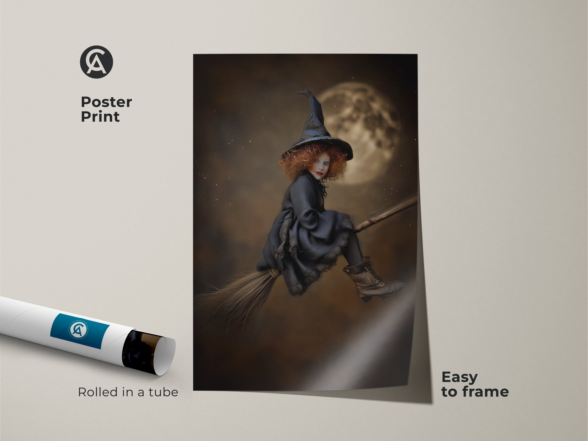 Poster Print featuring a gothic witch mid-flight on her broomstick. This sepia tone artwork is easy to frame. Ideal for kids room wall decor or eclectic wall hanging. It offers a touch of magic and gothic charm.
