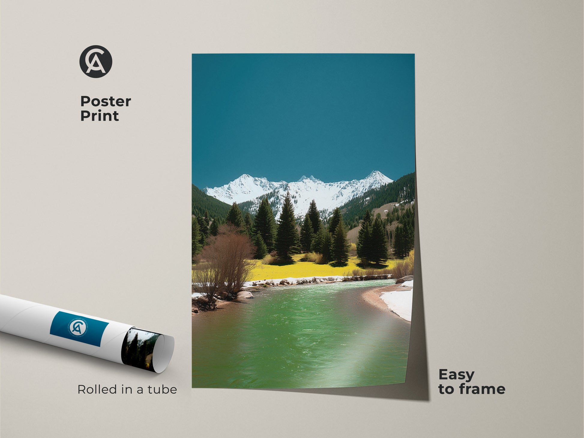 Poster print featuring a scenic mountain river landscape. The artwork shows pine trees snowy peaks and teal-green water. This nature inspired print is easy to frame and arrives rolled in a tube. Perfect for outdoor adventure decor.