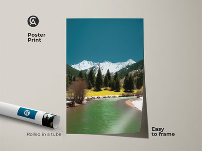 Poster print featuring a scenic mountain river landscape. The artwork shows pine trees snowy peaks and teal-green water. This nature inspired print is easy to frame and arrives rolled in a tube. Perfect for outdoor adventure decor.