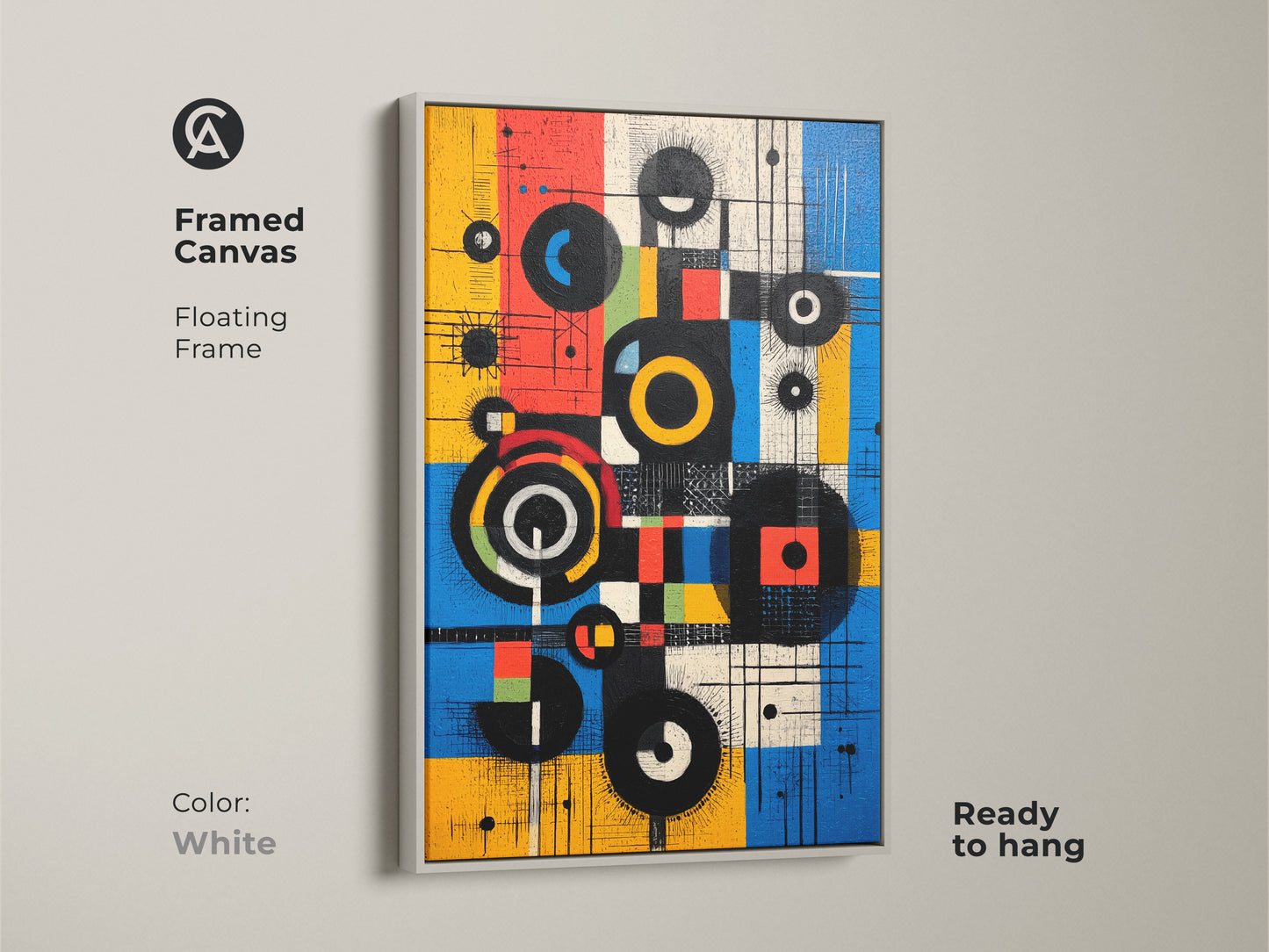 Framed canvas art in a white floating frame. The Mid-Century Modern abstract artwork showcases geometric circles and squares in yellow blue and red. This ready-to-hang piece offers a clean contemporary aesthetic to any space.