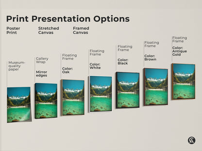Explore print presentation options for emerald river canvas art. See poster prints stretched canvases and framed canvases. Choose from black brown antique gold oak or white frames. Find the perfect snowy mountain wall art for your modern home.