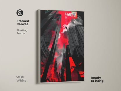 Framed canvas featuring an abstract cityscape with a white floating frame. This ready-to-hang red and black urban artwork is ideal for contemporary offices and homes.