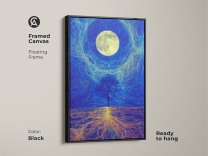 Framed canvas of the deep blue cosmic tree artwork with a floating black frame. It’s ready to hang as spiritual wall decor. The surreal moon landscape enhances any space. The vibrant yellow roots add a touch of fantasy. Perfect for housewarming