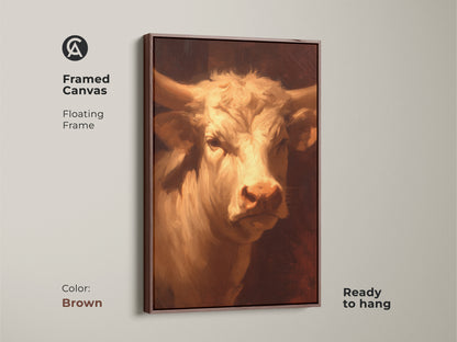 A framed canvas featuring a stunning bull. The artwork has a floating brown frame and is ready to hang. The canvas will elevate your home decor. This unique artwork is perfect for any room. Purchase today!
