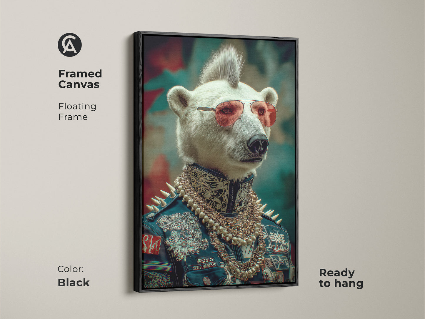 Framed in black this canvas features a polar bear punk rocker. This navy red teal art makes a statement. The fantasy portrait has an eclectic style and is ready to hang. A unique piece for any music lover's wall.