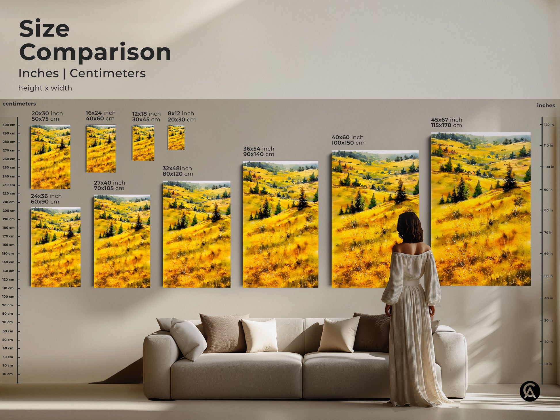 Size comparison of landscape art prints in inches and centimeters. See how the artwork fits above a sofa. Sizes range from 12x18 inch to 45x67 inch. Perfect for adding a touch of nature to your living room. Choose the right size for your home decor.