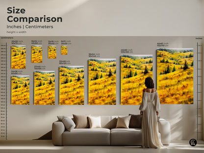Size comparison of landscape art prints in inches and centimeters. See how the artwork fits above a sofa. Sizes range from 12x18 inch to 45x67 inch. Perfect for adding a touch of nature to your living room. Choose the right size for your home decor.