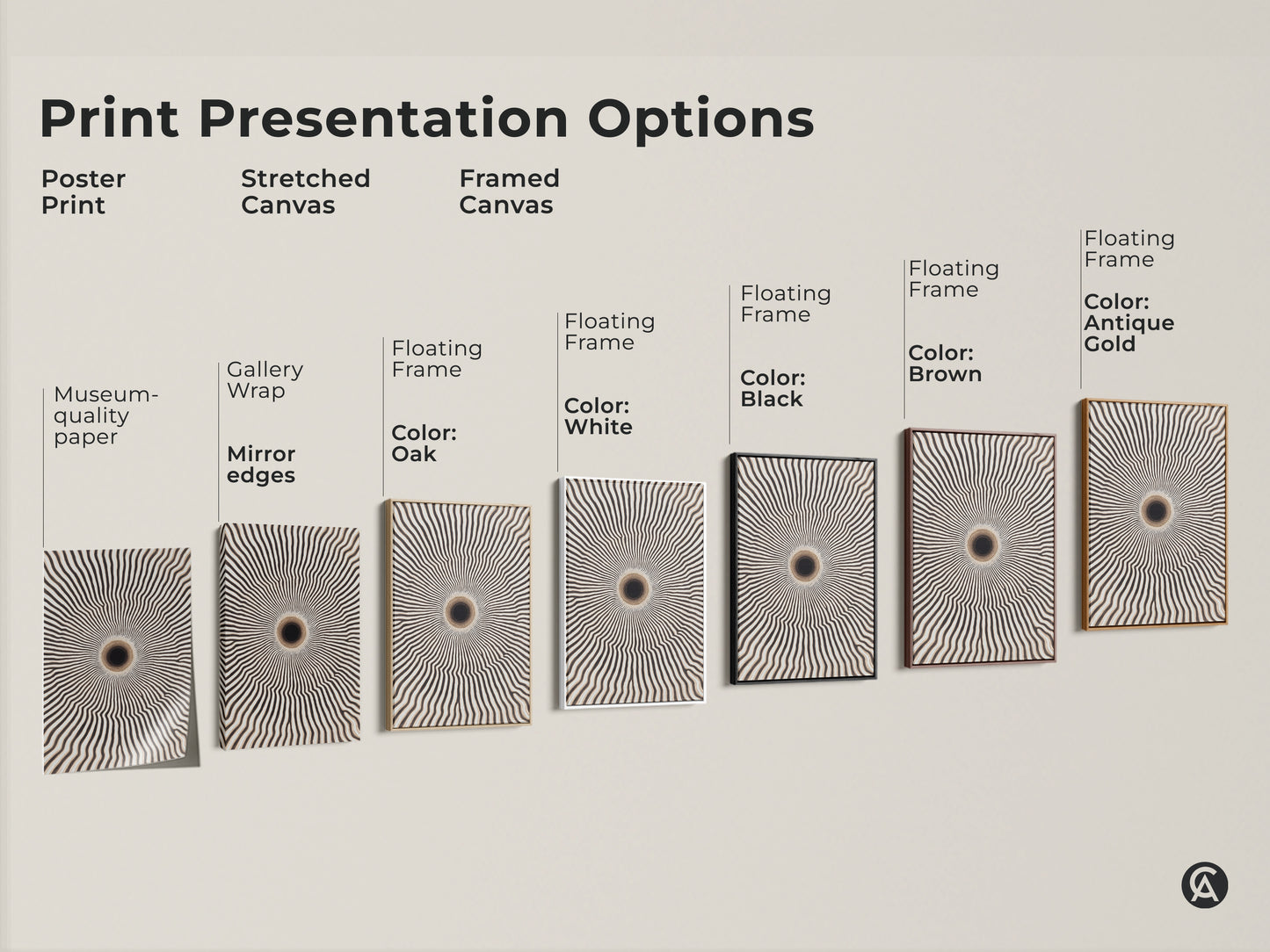 Print presentation options showcasing minimalist geometric wall art. Choose from poster prints stretched canvas and framed canvas. Options include black brown white and oak frames to match your decor.
