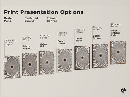 Print presentation options showcasing minimalist geometric wall art. Choose from poster prints stretched canvas and framed canvas. Options include black brown white and oak frames to match your decor.