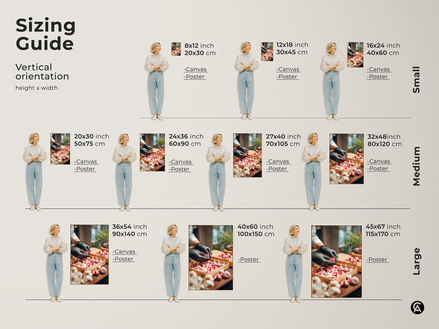 Sizing guide for garlic art. The vertical orientation shows height and width. Sizes range from small to large. Canvas and poster options are available. It is perfect art for kitchen decor. Find the perfect size today.