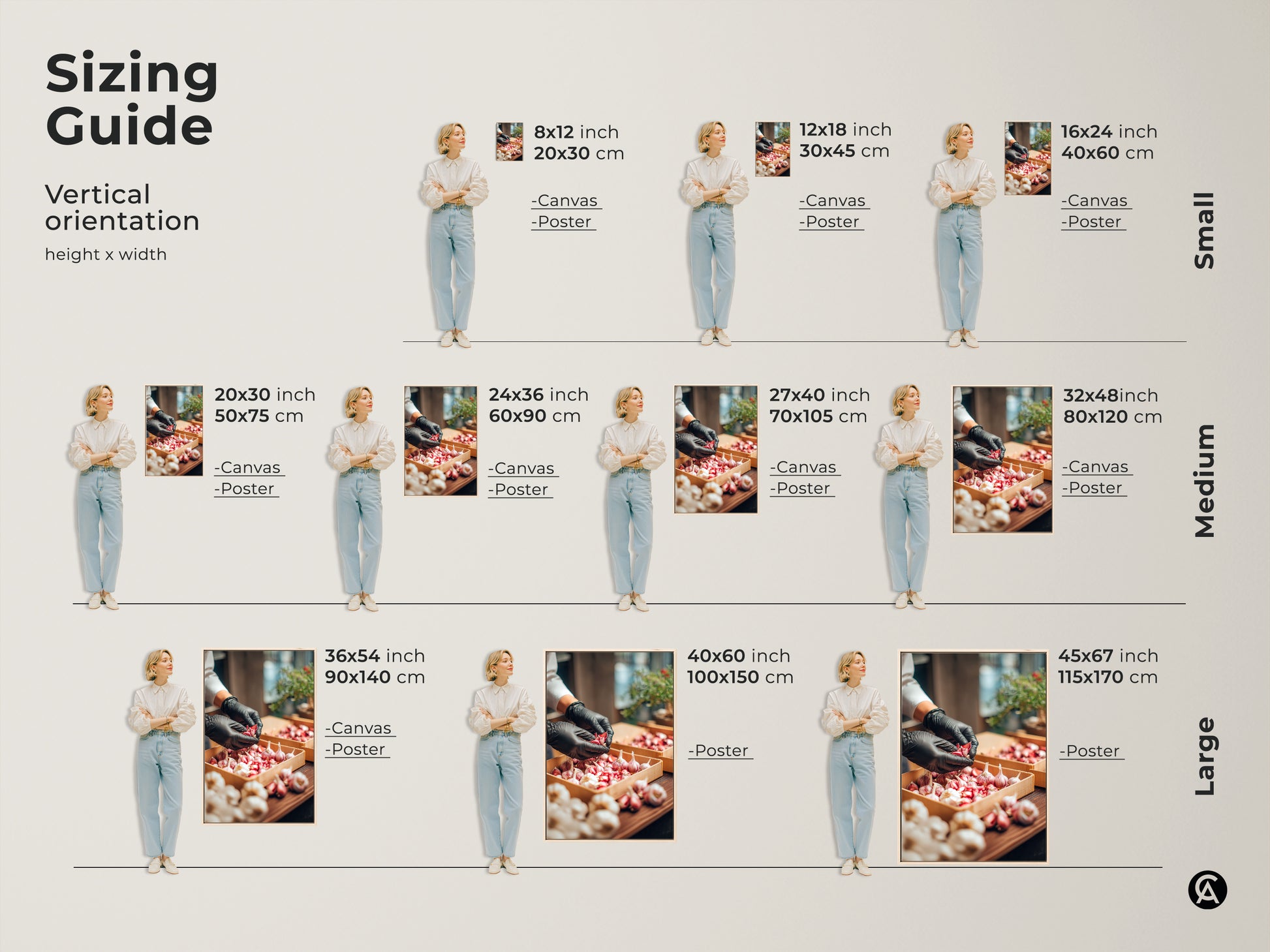 Sizing guide for garlic art. The vertical orientation shows height and width. Sizes range from small to large. Canvas and poster options are available. It is perfect art for kitchen decor. Find the perfect size today.