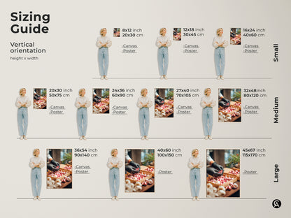 Sizing guide for garlic art. The vertical orientation shows height and width. Sizes range from small to large. Canvas and poster options are available. It is perfect art for kitchen decor. Find the perfect size today.