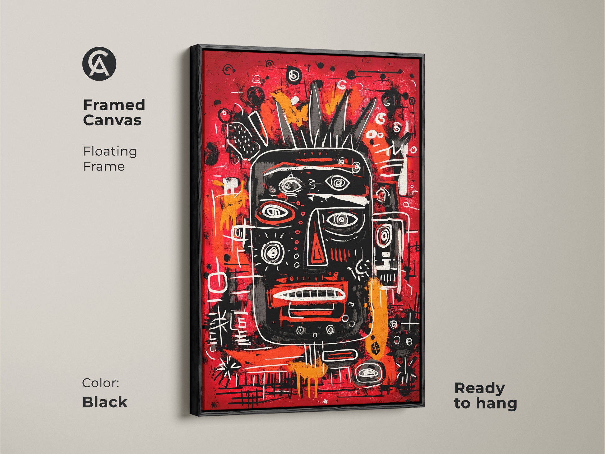 Framed canvas art with a floating frame in black. The design features a black face with a crown on a vivid red background. This ready to hang piece adds a sophisticated and modern touch to any room. Perfect for art enthusiasts.