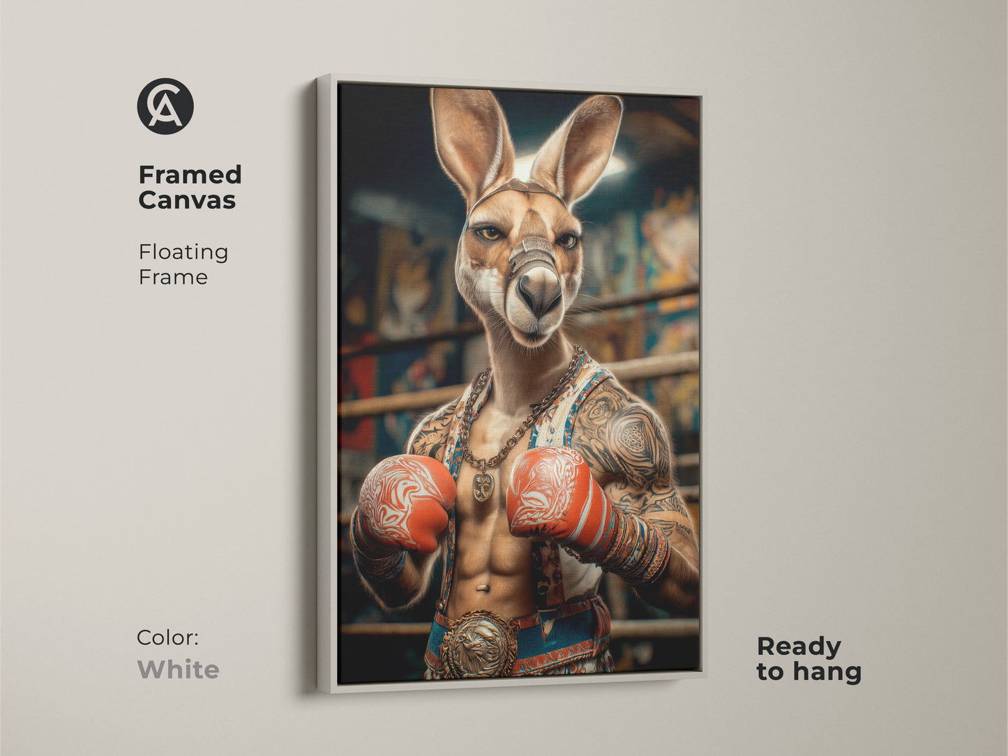 This framed canvas presents a surreal kangaroo boxer. The tattoo art style makes it a standout piece of eclectic animal art. The white floating frame complements this unique animal print. Ready to hang it is perfect for adding an artistic touch to any space.