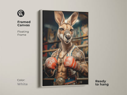 This framed canvas presents a surreal kangaroo boxer. The tattoo art style makes it a standout piece of eclectic animal art. The white floating frame complements this unique animal print. Ready to hang it is perfect for adding an artistic touch to any space.