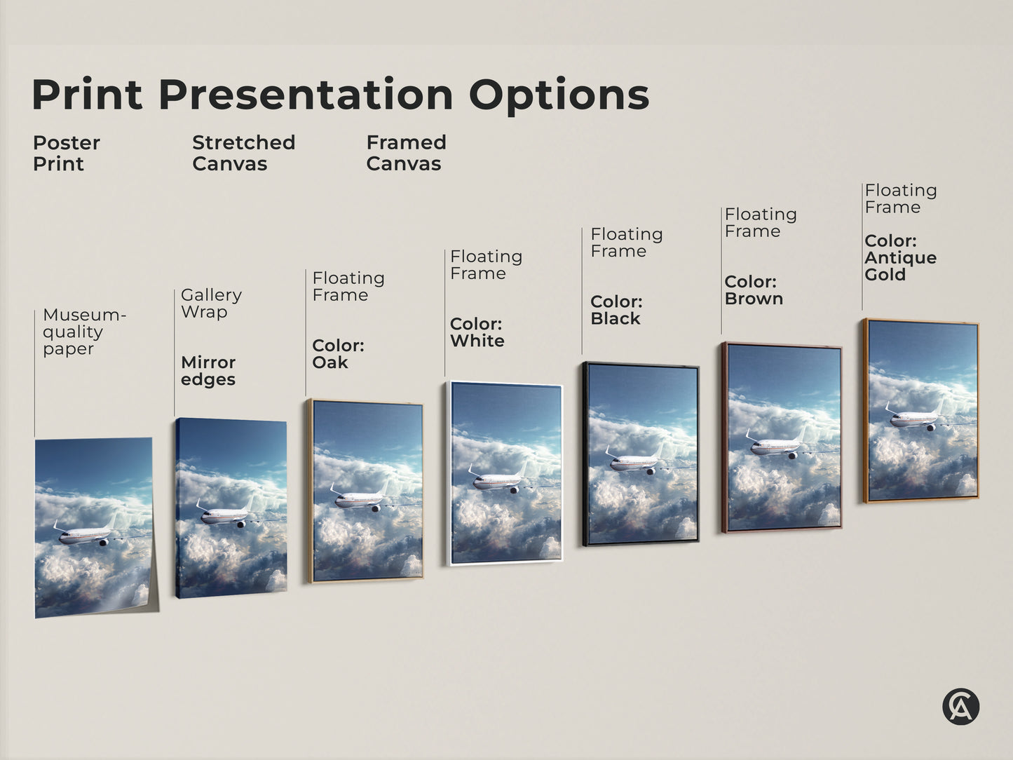Print presentation options for airplane artwork. Options include poster print stretched canvas and framed canvas. Choose from various frames like oak white black brown and antique gold.