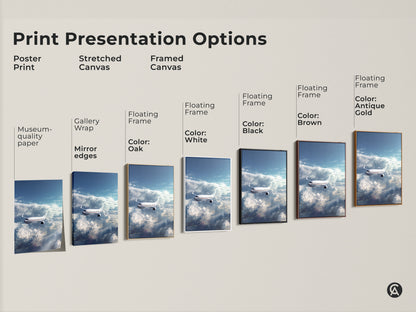 Print presentation options for airplane artwork. Options include poster print stretched canvas and framed canvas. Choose from various frames like oak white black brown and antique gold.