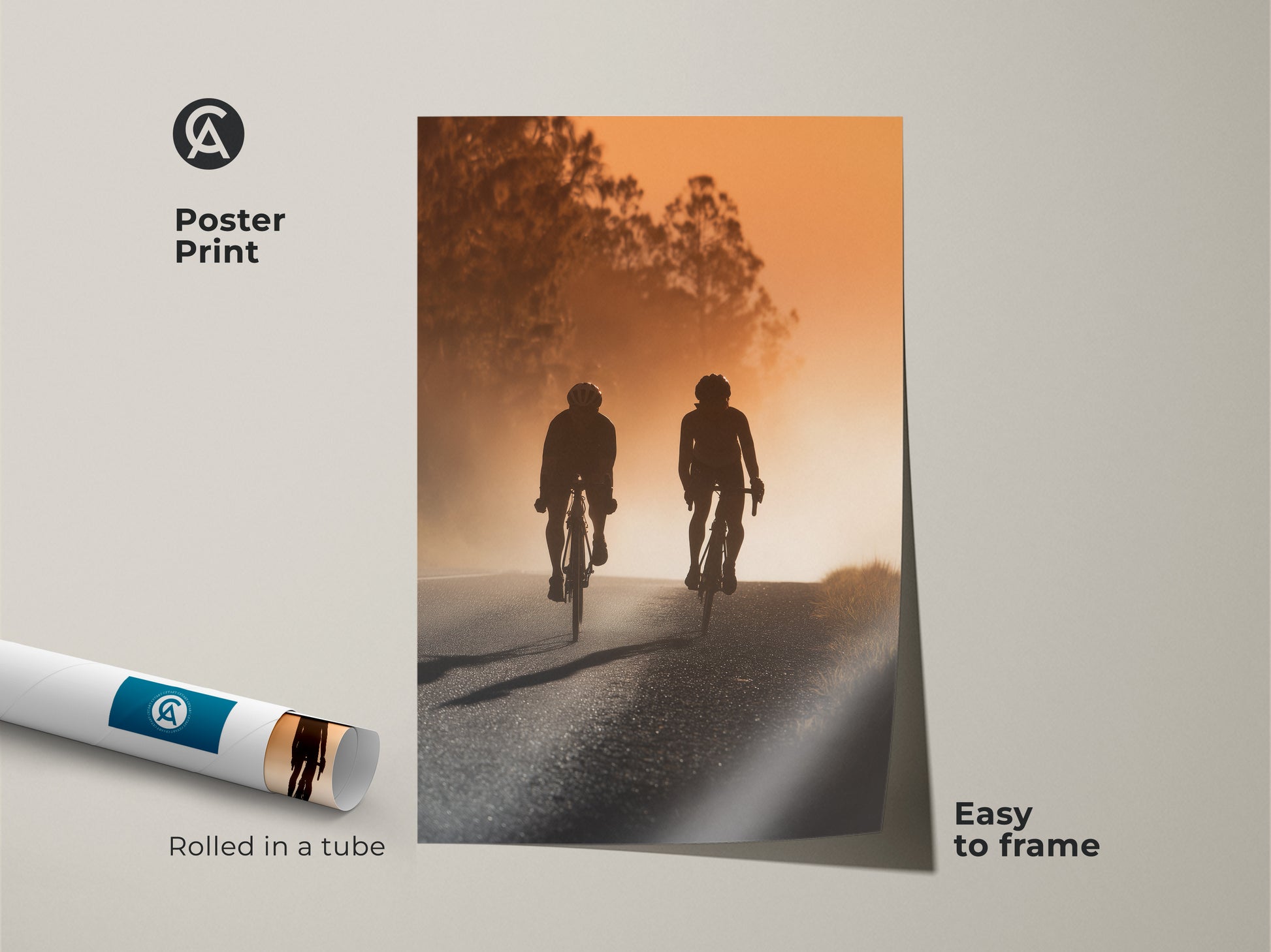 Poster print of a road cyclist silhouette. The artwork displays an amber sunset landscape. It is easy to frame. Shipped rolled in a tube. Great as cycling wall art.