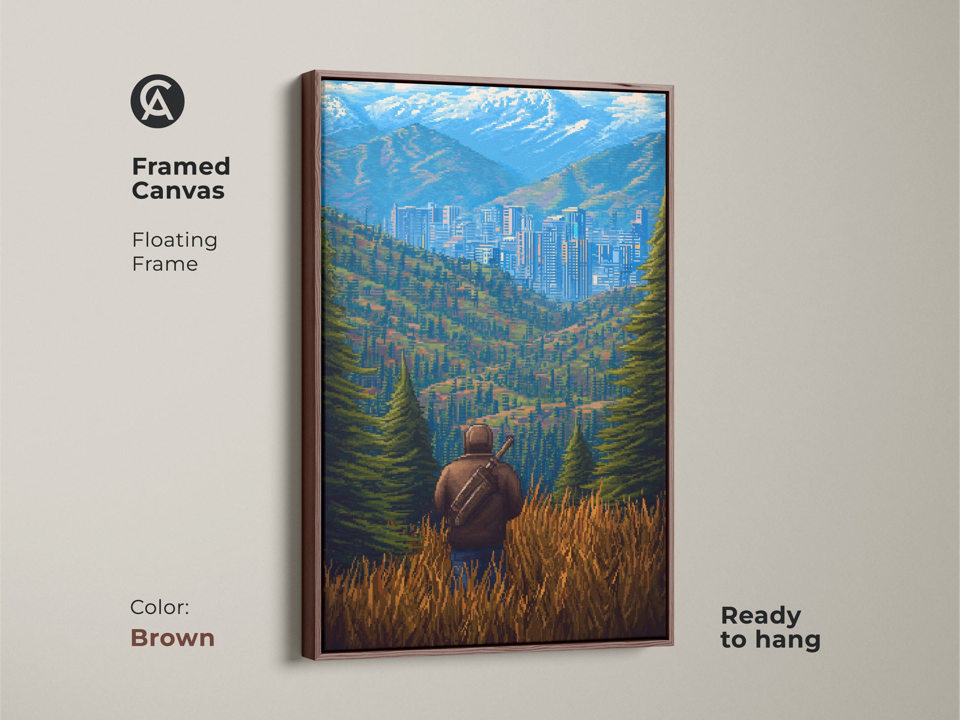 Framed canvas with brown floating frame displaying pixel art of a city in mountains. This retro mountain landscape art is ready to hang. This modern office wall art has a pixelated style. It is an abstract landscape canvas.