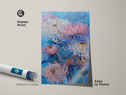 Poster print of pink blue and white Chrysanthemums. This botanical nature wall art is easy to frame. The modern floral artwork is rolled in a tube for protection. Perfect for adding a touch of nature to any room with this stylish flower art.