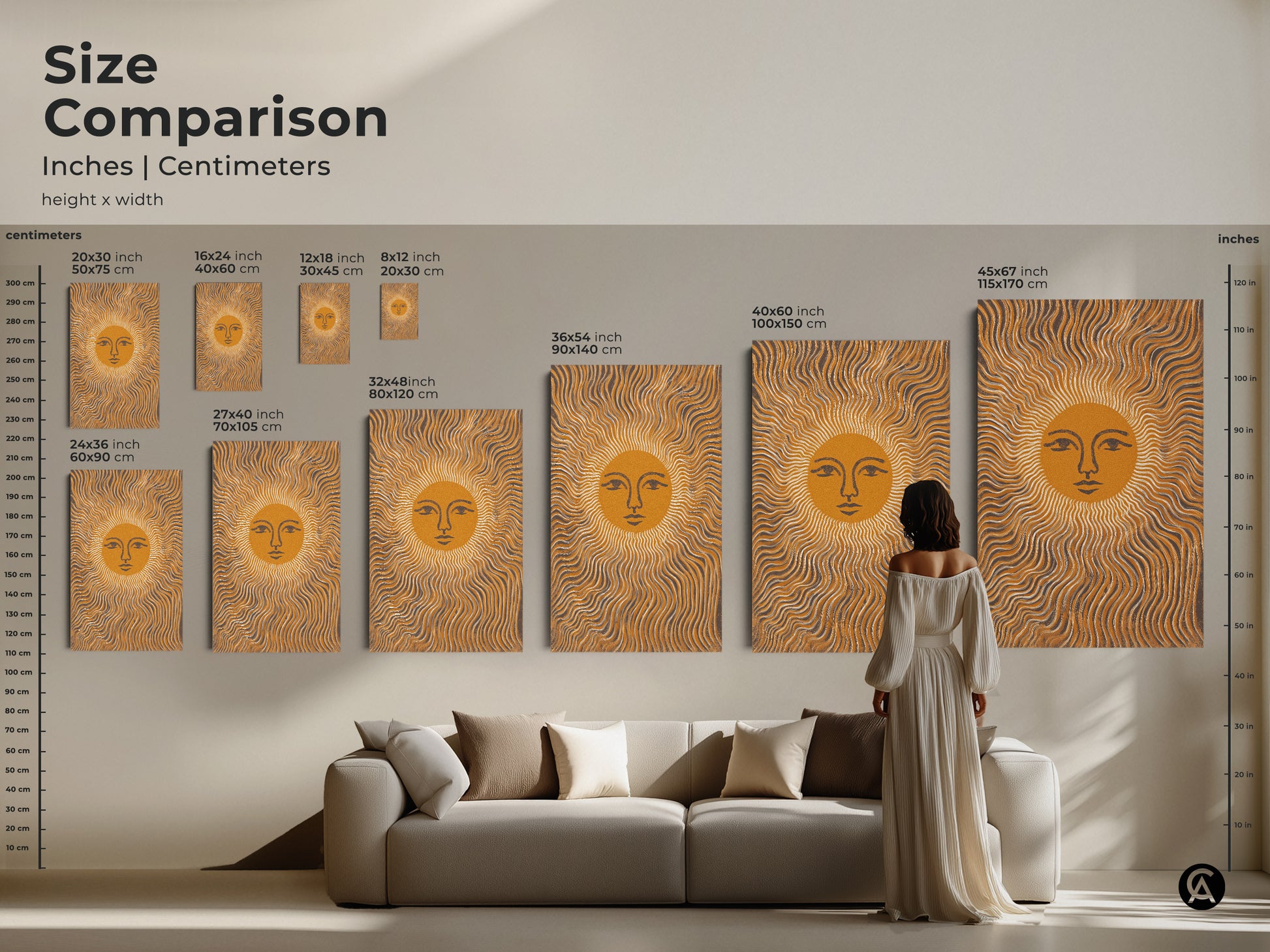 Size comparison of the abstract sun face artwork.  The artwork is displayed in various sizes.  Sizes range from 8x12 inches to 45x67 inches.  A woman in a white dress stands next to the largest size.  The art features wavy lines a mustard yellow and gray color palette.
