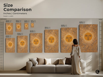 Size comparison of the abstract sun face artwork.  The artwork is displayed in various sizes.  Sizes range from 8x12 inches to 45x67 inches.  A woman in a white dress stands next to the largest size.  The art features wavy lines a mustard yellow and gray color palette.