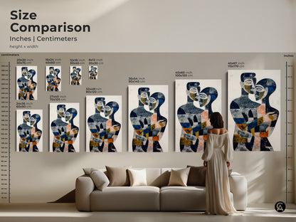 Embrace modern elegance with this abstract couple artwork. This navy gold and blue canvas print is a contemporary masterpiece. Perfect as modern bedroom decor. This artistic wall hanging adds emotional depth to any home. It's a romantic wall art print and a unique anniversary gift for a couple.