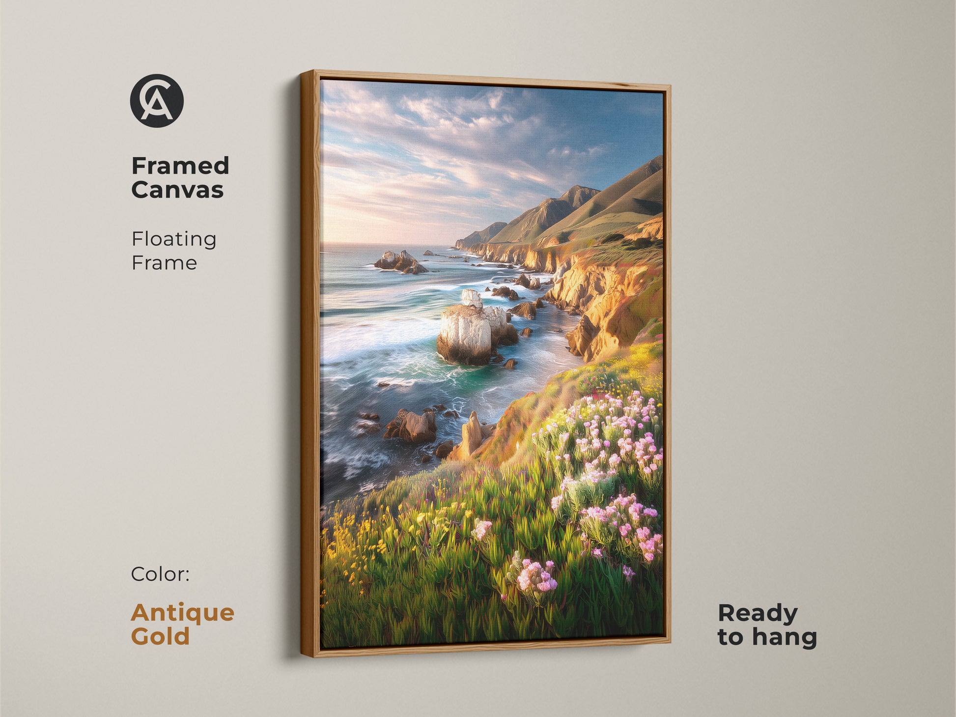 Framed canvas art of a coastal cliff ocean landscape in an antique gold floating frame. Ready to hang this art features vibrant wildflowers and a scenic ocean view. It adds a touch of coastal living to your home decor. Perfect housewarming gift for ocean lovers.