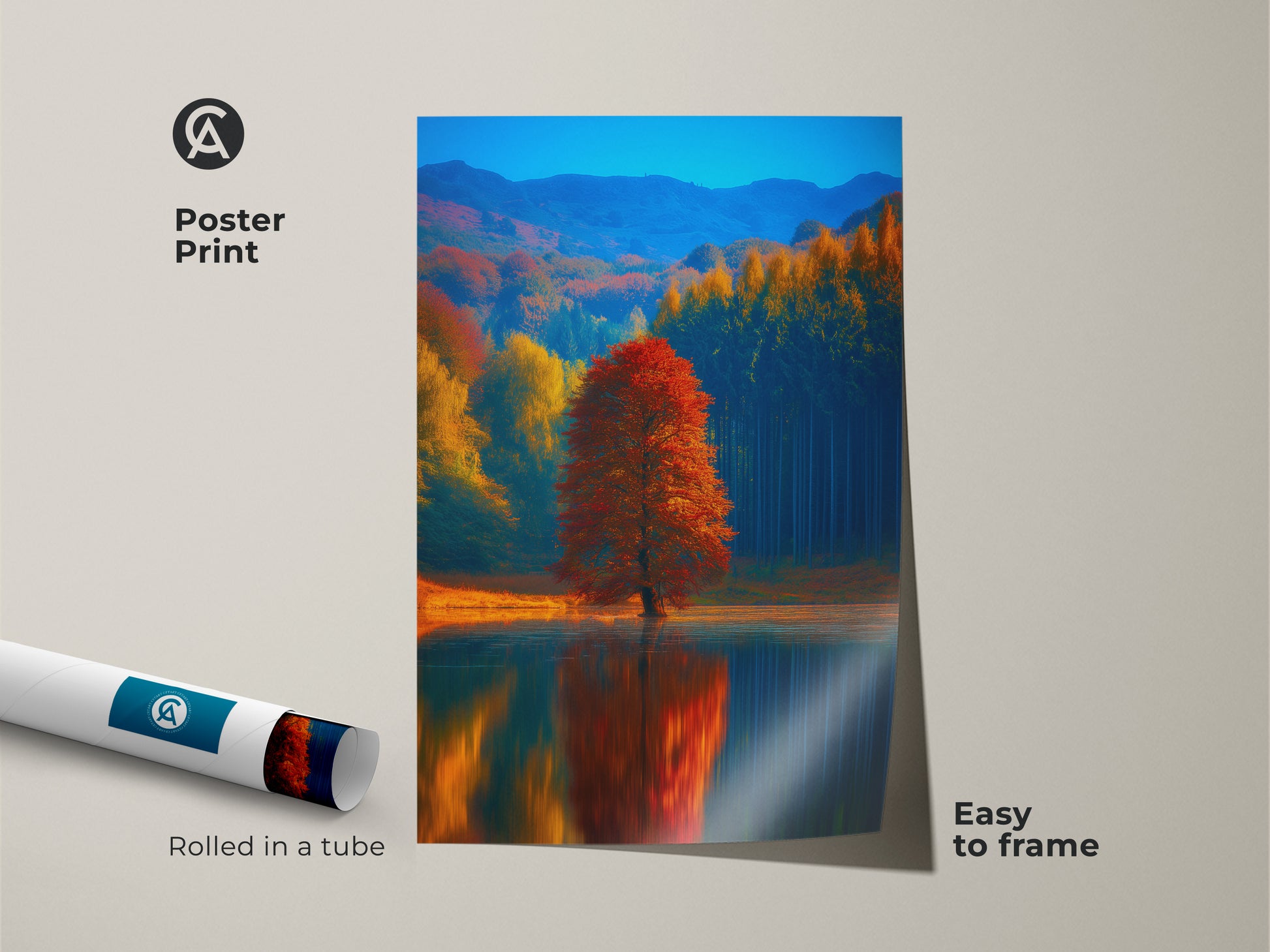 This poster print features an autumn lake landscape. A red tree's reflection creates a stunning nature artwork. The impressionistic fall scenery is easy to frame. A perfect wall decor for living rooms. Rolled in a tube for protection. Add nature inspired art to your home.