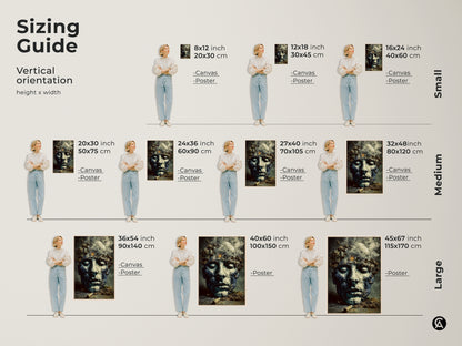 Sizing guide displaying the surreal face canvas print in various sizes. Visualize the artwork with models to help decide. Perfect for study room canvas or unique birthday gifts for art collectors.