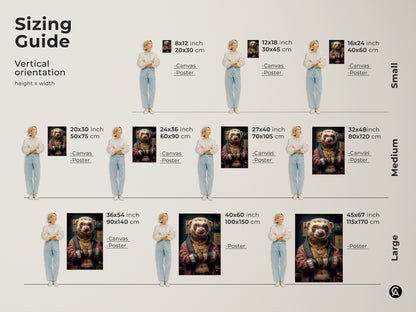 Sizing guide showcasing the vertical orientation and height x width for the ferret boxer art print. Available in small medium and large sizes. See how the artwork looks in various dimensions with a model. Find the perfect fit for your space with this cool animal poster.