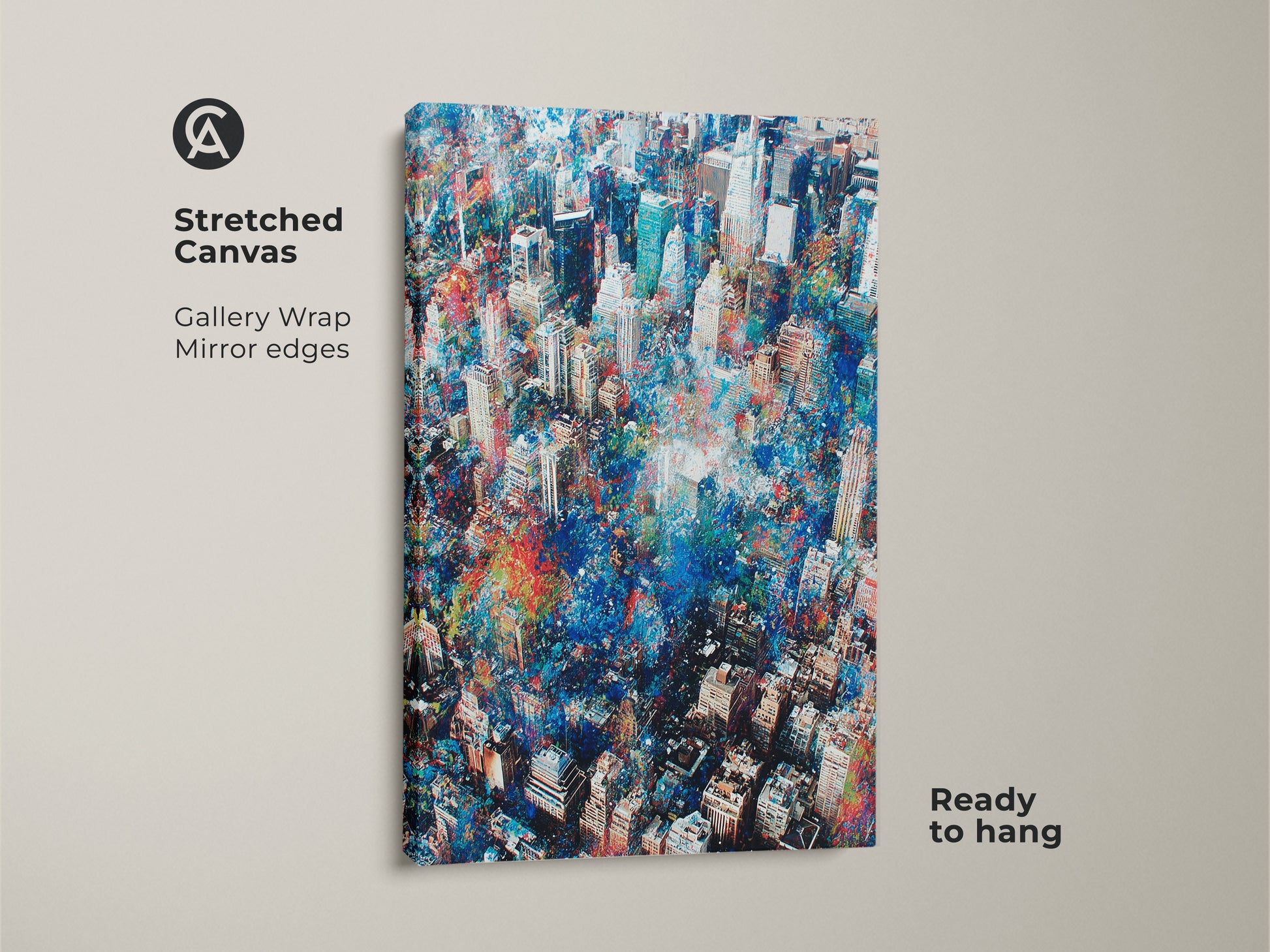 Stretched canvas artwork featuring an aerial cityscape. Gallery wrapped with mirrored edges. This colorful piece is ready to hang. The artwork captures the beauty of city life. The canvas adds texture and depth.