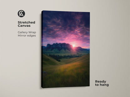 Stretched canvas print shows a mountain sunset with a pink and gold sky. The gallery wrap has mirrored edges. It is ready to hang. This rolling hills landscape art is perfect for nature lovers. It's a serene nature wall decor for a bedroom. This photorealistic nature decor is a scenic gift for hikers.